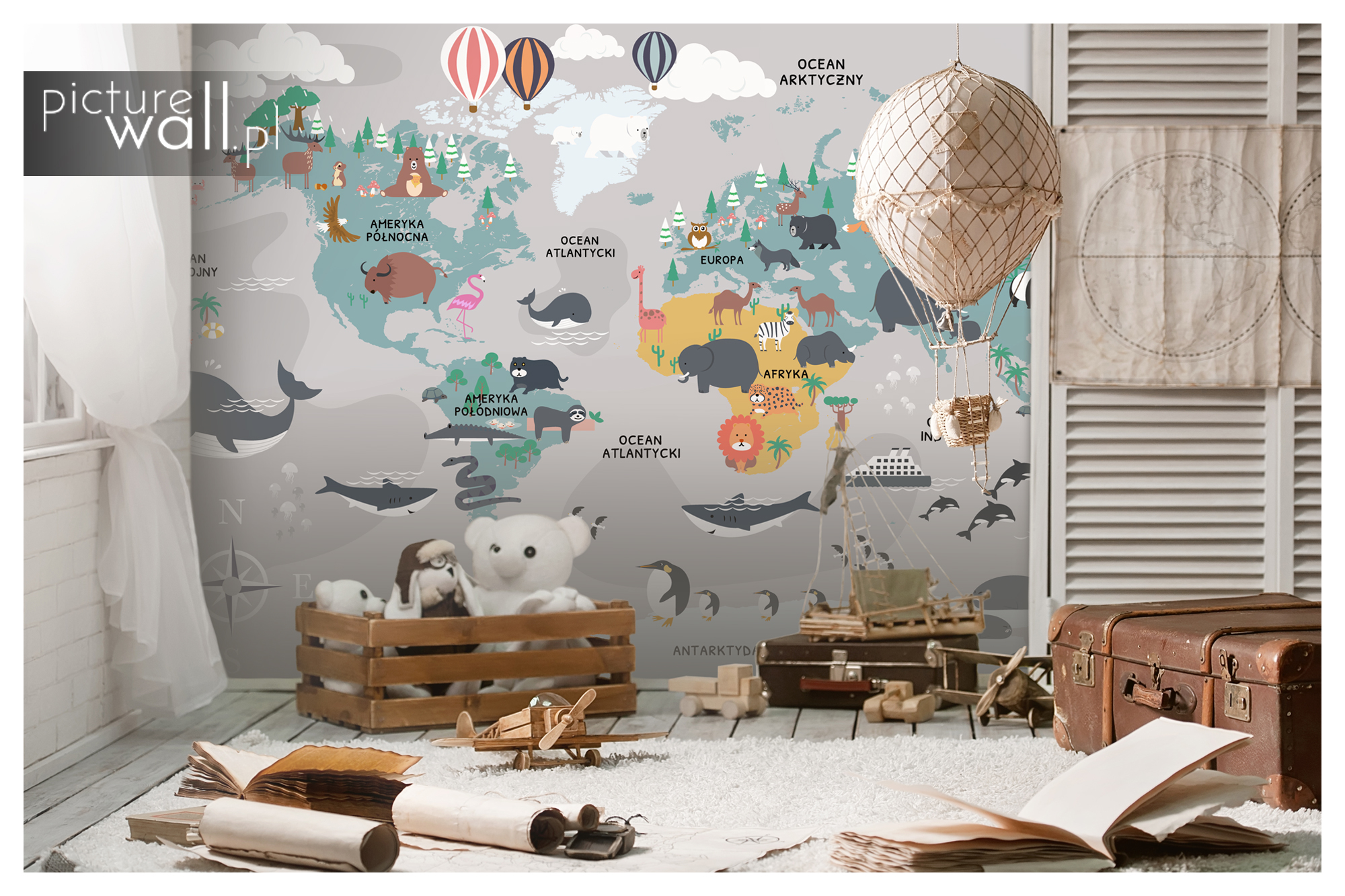 FOTOTAPETA MAPA ŚWIATA ZE ZWIERZĘTAMI BALONAMI I SAMOLOTAMI